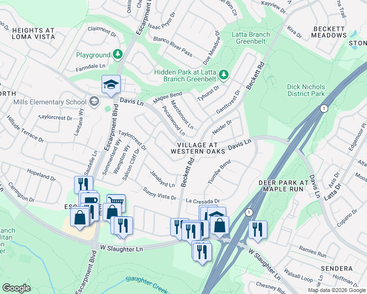 map of restaurants, bars, coffee shops, grocery stores, and more near 5709 Pecanwood Lane in Austin