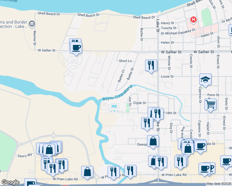 map of restaurants, bars, coffee shops, grocery stores, and more near 2402 Barbe Ct in Lake Charles