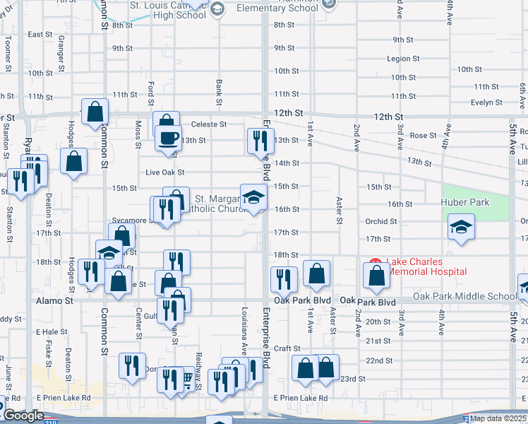map of restaurants, bars, coffee shops, grocery stores, and more near 2510 Enterprise Boulevard in Lake Charles