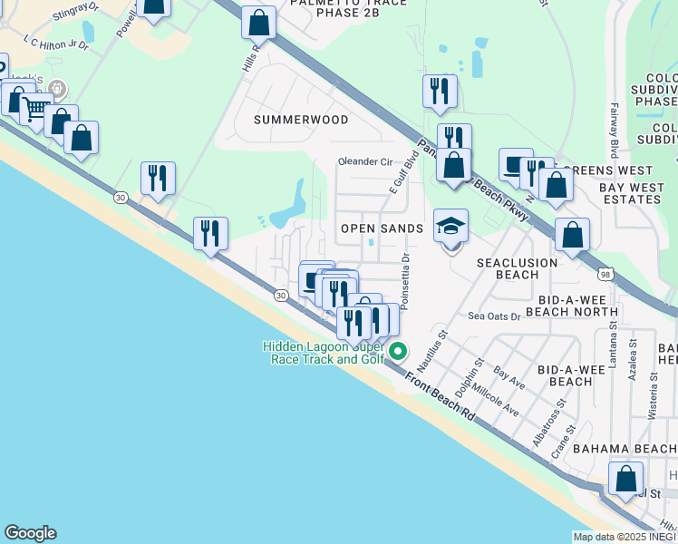 map of restaurants, bars, coffee shops, grocery stores, and more near 613 West Caladium Circle in Panama City Beach
