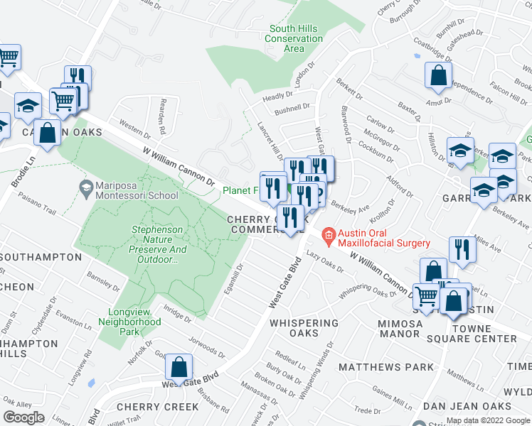 map of restaurants, bars, coffee shops, grocery stores, and more near 2801 West William Cannon Drive in Austin