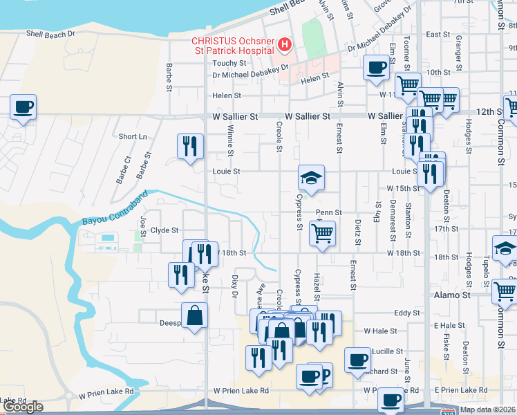 map of restaurants, bars, coffee shops, grocery stores, and more near 622 Penn Street in Lake Charles