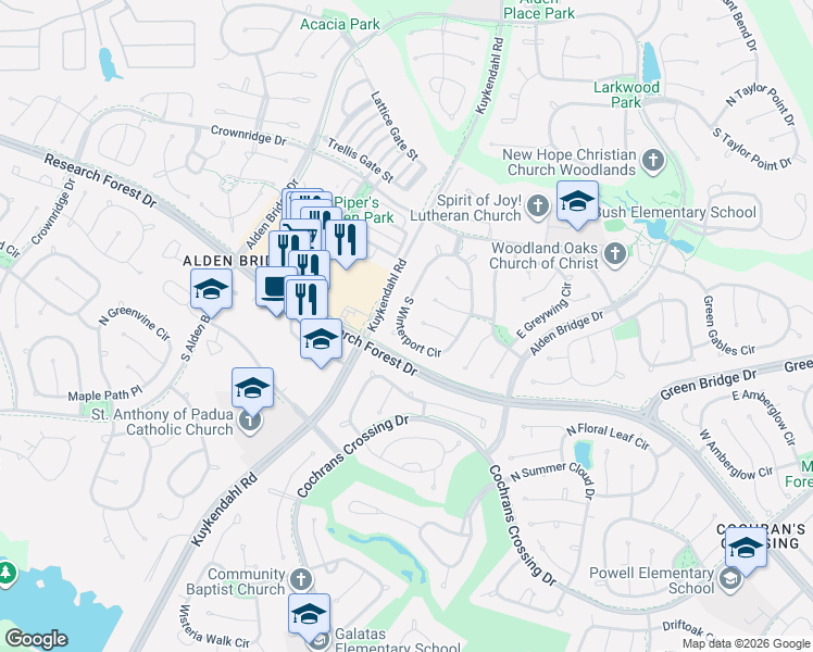map of restaurants, bars, coffee shops, grocery stores, and more near 104 South Winterport Circle in The Woodlands