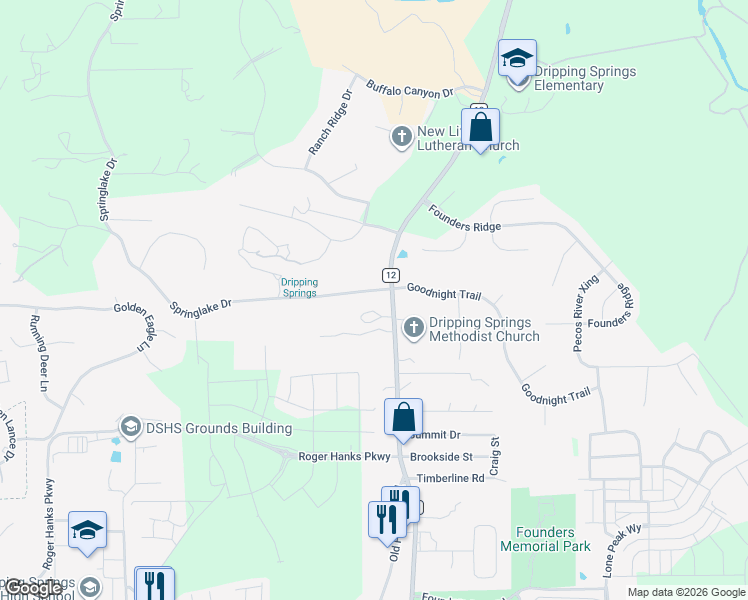 map of restaurants, bars, coffee shops, grocery stores, and more near 201 Springlake Drive in Dripping Springs