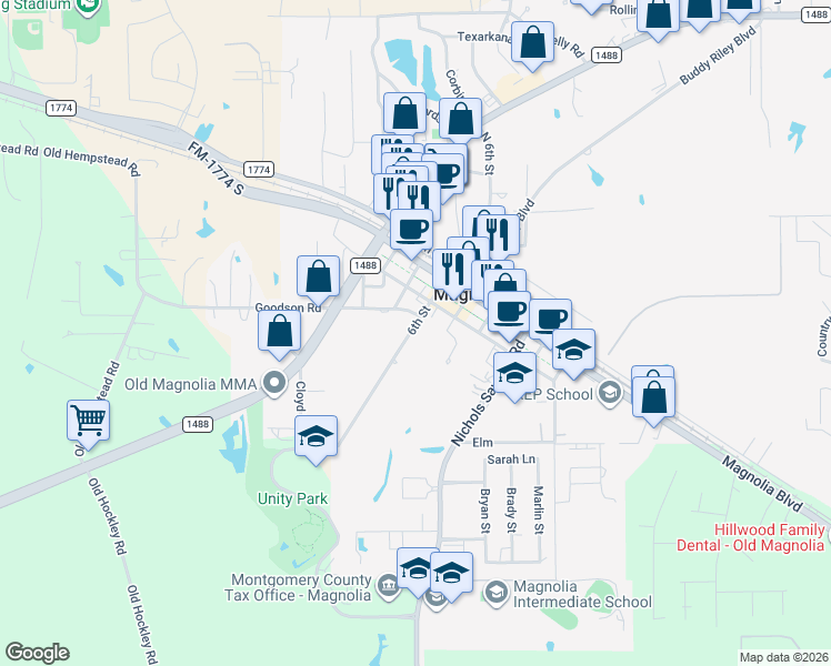 map of restaurants, bars, coffee shops, grocery stores, and more near 222 6th Street in Magnolia