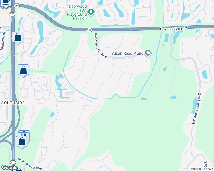map of restaurants, bars, coffee shops, grocery stores, and more near 8716 Hampshire Glen Drive South in Jacksonville