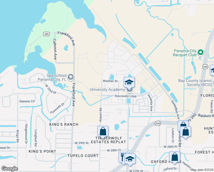 map of restaurants, bars, coffee shops, grocery stores, and more near 1504 North Discovery Loop in Panama City