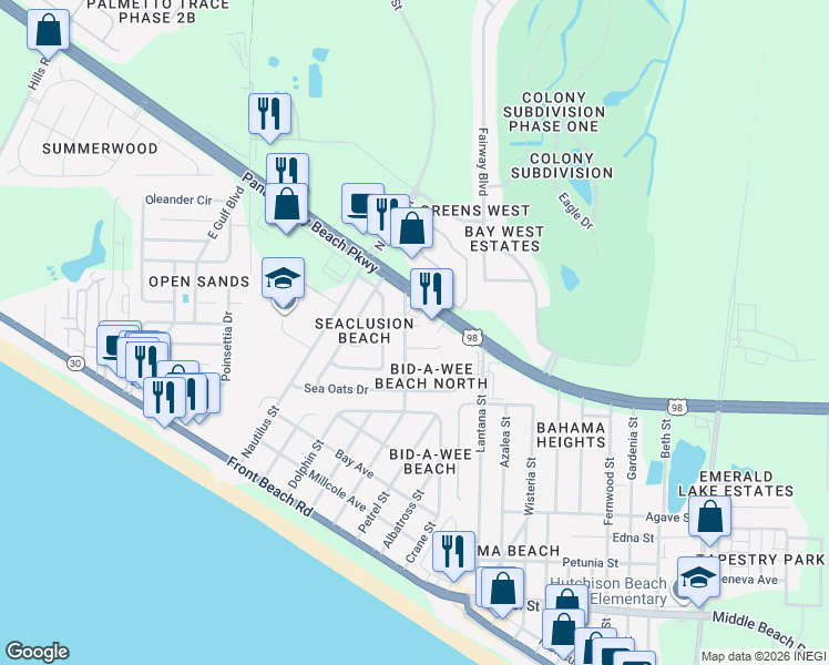 map of restaurants, bars, coffee shops, grocery stores, and more near 112 Argonaut Street in Panama City Beach