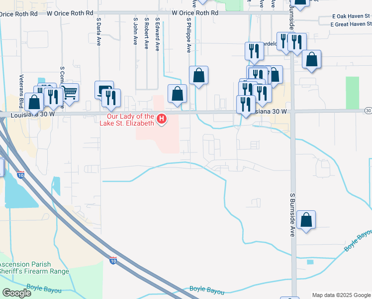 map of restaurants, bars, coffee shops, grocery stores, and more near 915 West Tony Street in Gonzales