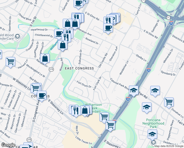 map of restaurants, bars, coffee shops, grocery stores, and more near 505 Tamworth Avenue in Austin