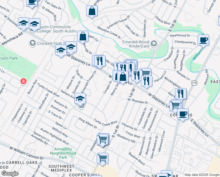 map of restaurants, bars, coffee shops, grocery stores, and more near 5701 Cougar Drive in Austin