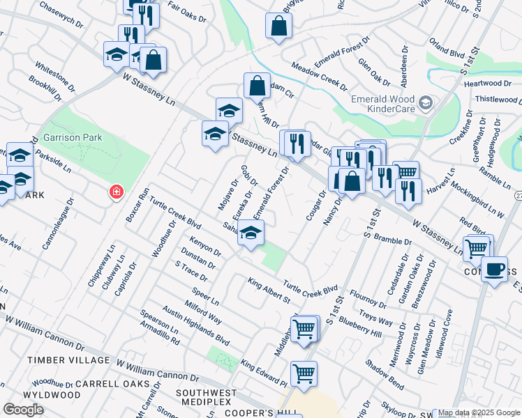 map of restaurants, bars, coffee shops, grocery stores, and more near 5809 Eureka Drive in Austin