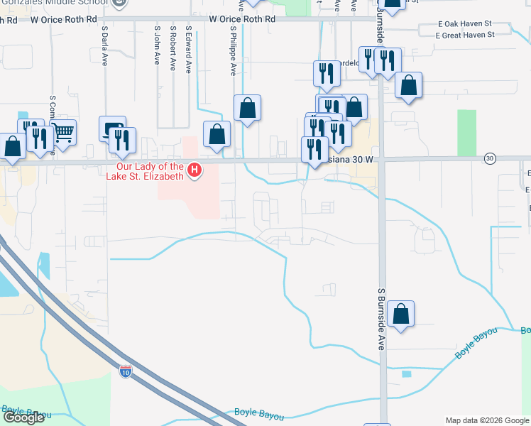 map of restaurants, bars, coffee shops, grocery stores, and more near 209 East Highway 30 in Gonzales