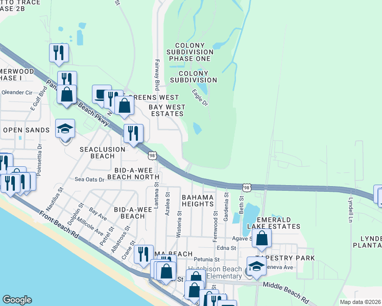 map of restaurants, bars, coffee shops, grocery stores, and more near 100 Fairway Boulevard in Panama City Beach