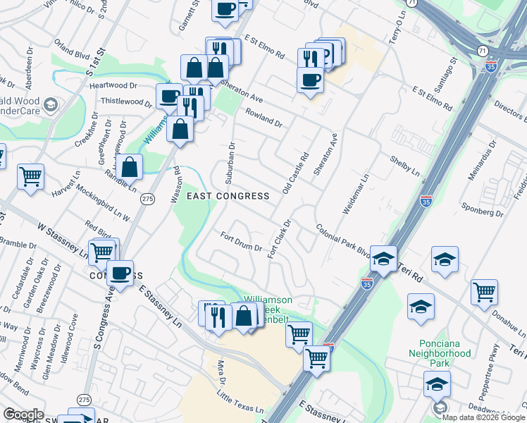 map of restaurants, bars, coffee shops, grocery stores, and more near 505 Tamworth Avenue in Austin