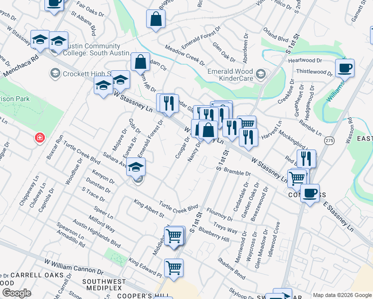 map of restaurants, bars, coffee shops, grocery stores, and more near 5701 Cougar Drive in Austin