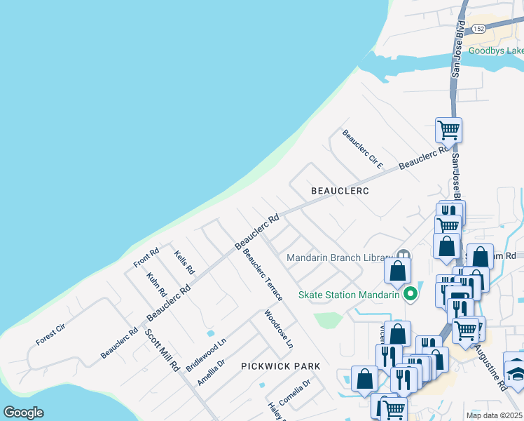 map of restaurants, bars, coffee shops, grocery stores, and more near 9321 Cypress Shores Lane in Jacksonville