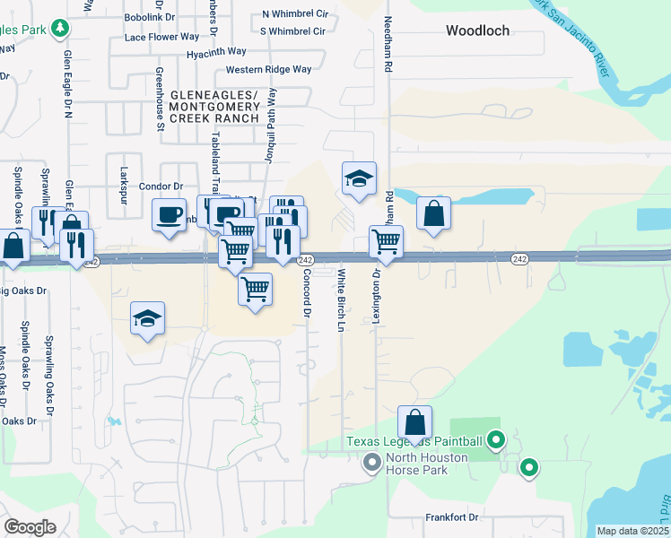 map of restaurants, bars, coffee shops, grocery stores, and more near 10528 Hwy 242 in Conroe