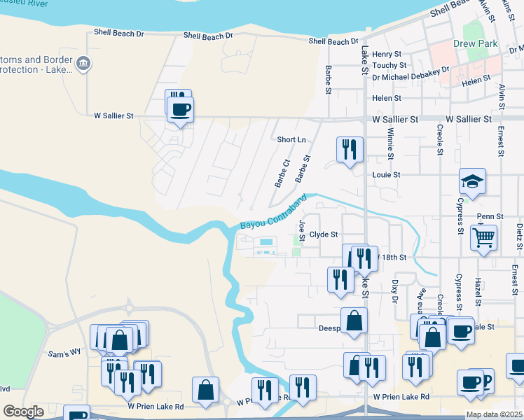 map of restaurants, bars, coffee shops, grocery stores, and more near 2412 Barbe Court in Lake Charles