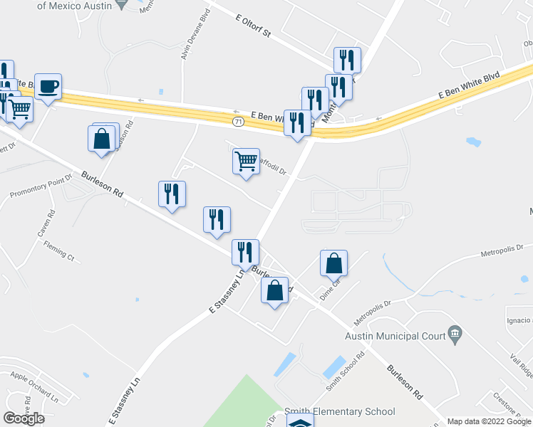 map of restaurants, bars, coffee shops, grocery stores, and more near 3500 Montopolis Drive in Austin