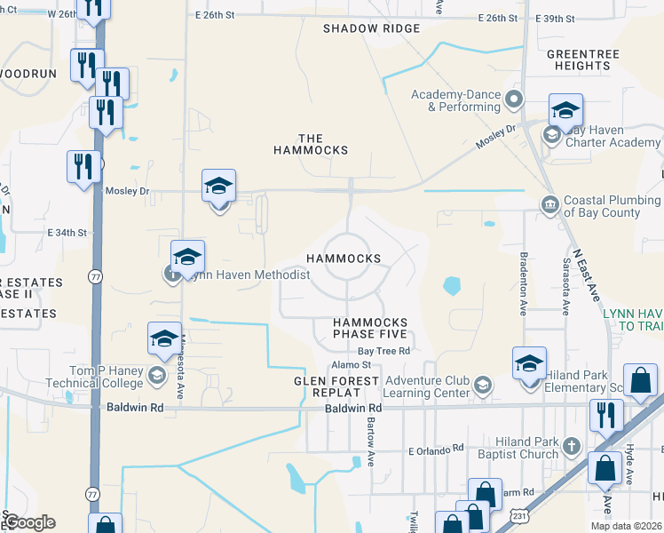 map of restaurants, bars, coffee shops, grocery stores, and more near 3308 Azalea Circle in Lynn Haven