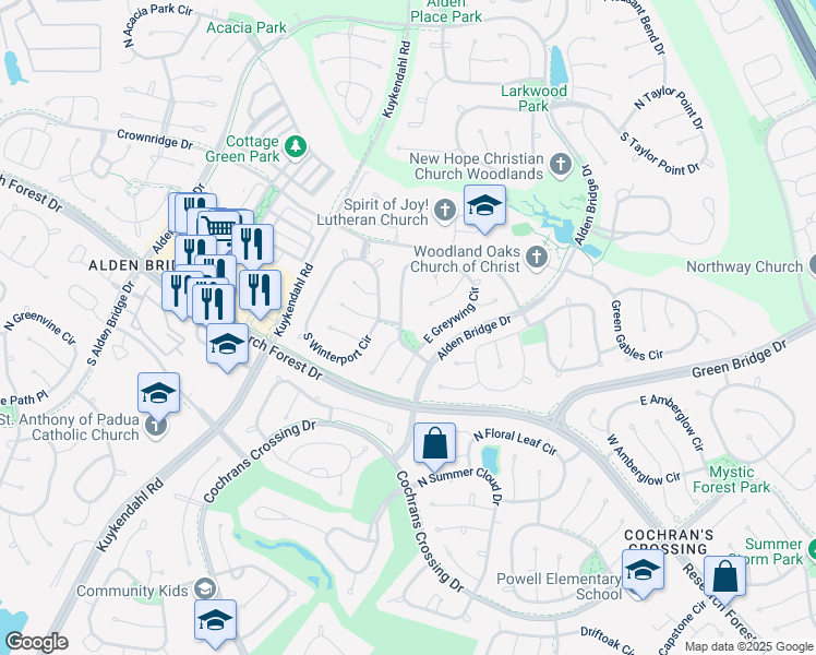 map of restaurants, bars, coffee shops, grocery stores, and more near 6 Glade Bank Place in Spring