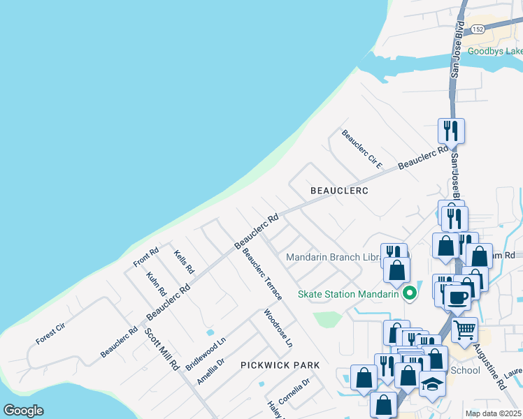 map of restaurants, bars, coffee shops, grocery stores, and more near 9321 Cypress Shores Lane in Jacksonville