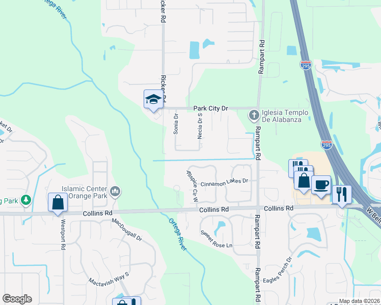 map of restaurants, bars, coffee shops, grocery stores, and more near 7647 Sonia Drive in Jacksonville