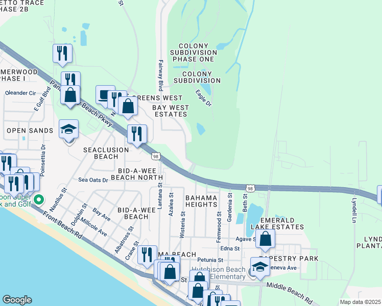 map of restaurants, bars, coffee shops, grocery stores, and more near 100 Fairway Boulevard in Panama City Beach