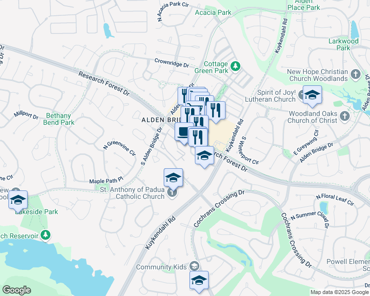 map of restaurants, bars, coffee shops, grocery stores, and more near 8021 Research Forest Drive in The Woodlands