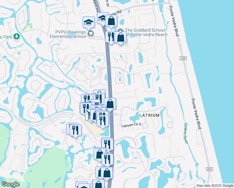 map of restaurants, bars, coffee shops, grocery stores, and more near 108 Fountains Avenue North in Ponte Vedra Beach