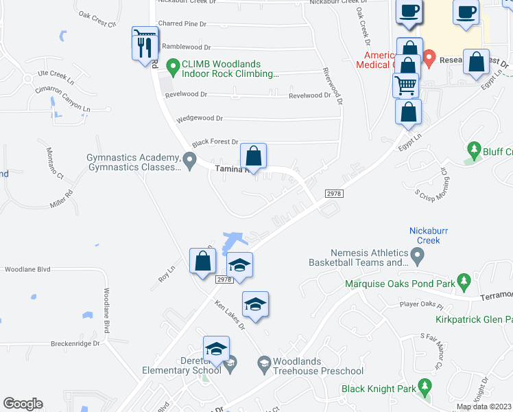map of restaurants, bars, coffee shops, grocery stores, and more near 7306 Ponderosa Drive in Magnolia