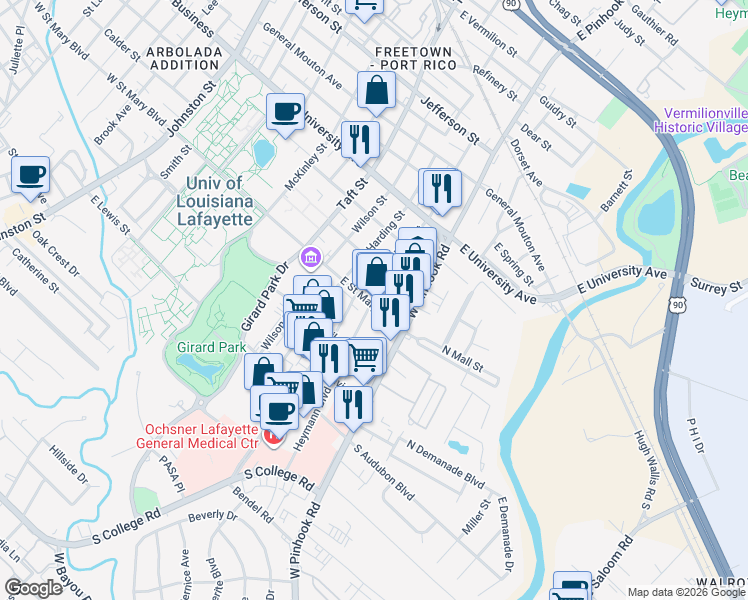 map of restaurants, bars, coffee shops, grocery stores, and more near 719 Coolidge St in Lafayette