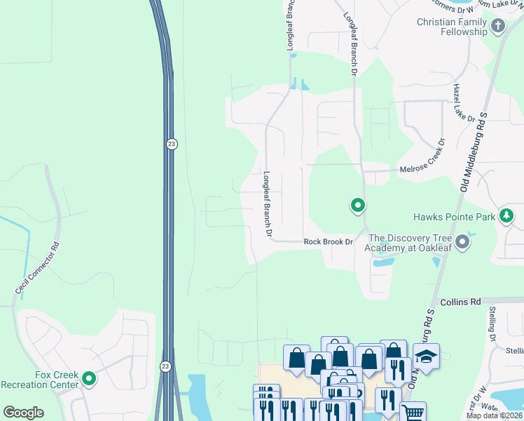 map of restaurants, bars, coffee shops, grocery stores, and more near 6366 Longleaf Branch Drive in Jacksonville