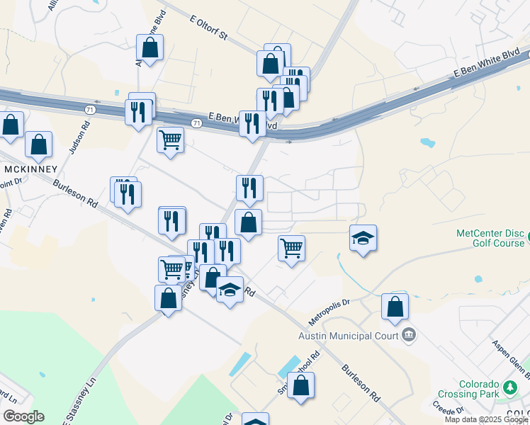 map of restaurants, bars, coffee shops, grocery stores, and more near 3505 Montopolis Drive in Austin
