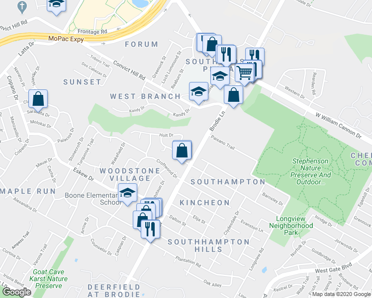 map of restaurants, bars, coffee shops, grocery stores, and more near 7506 Bender Drive in Austin