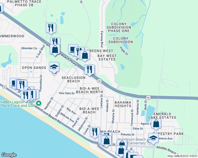 map of restaurants, bars, coffee shops, grocery stores, and more near 13700 Back Beach Road in Panama City Beach