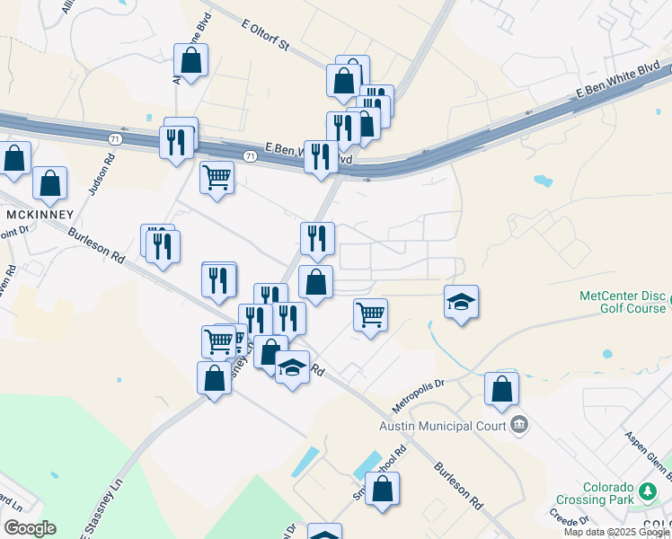 map of restaurants, bars, coffee shops, grocery stores, and more near 3505 Montopolis Drive in Austin