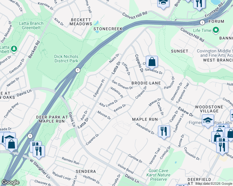 map of restaurants, bars, coffee shops, grocery stores, and more near 4600 Velasco Place in Austin
