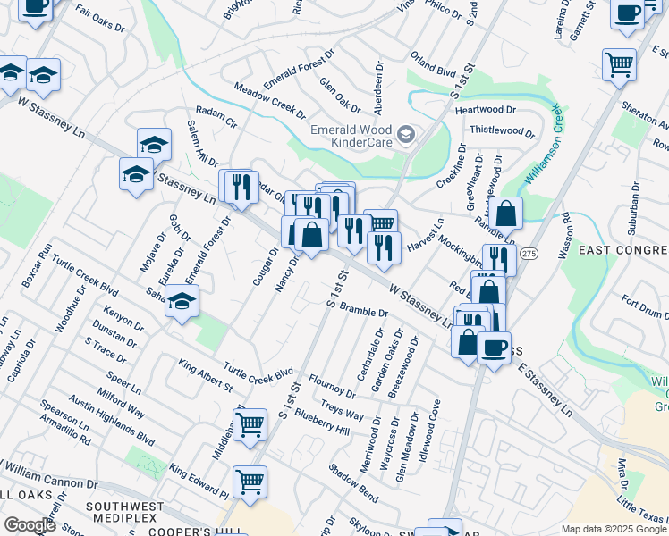 map of restaurants, bars, coffee shops, grocery stores, and more near 5608 South 1st Street in Austin