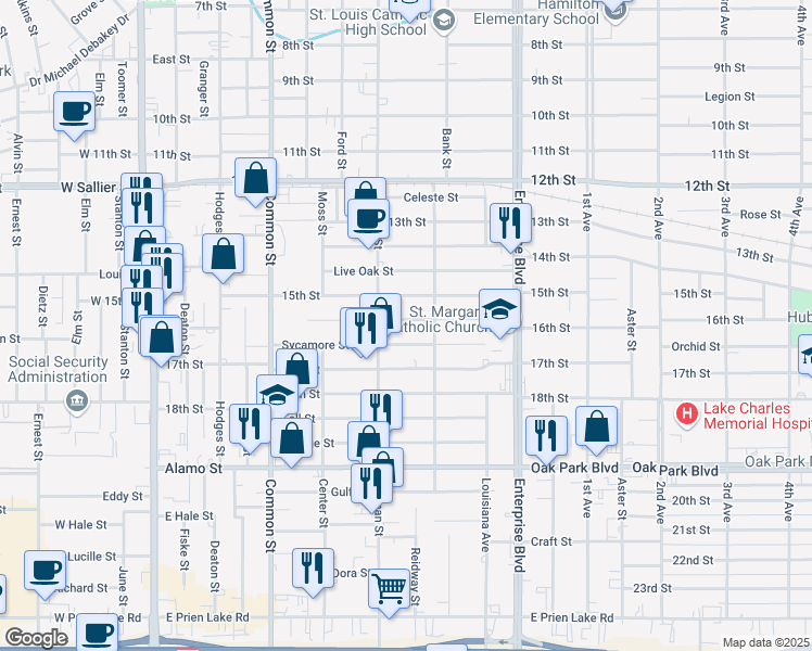 map of restaurants, bars, coffee shops, grocery stores, and more near 812 16th Street in Lake Charles