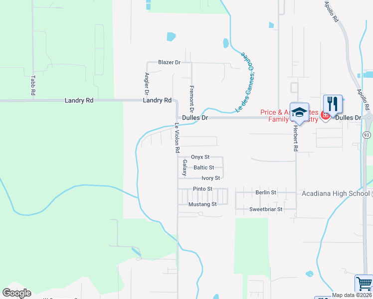 map of restaurants, bars, coffee shops, grocery stores, and more near 105 Onyx St in Lafayette