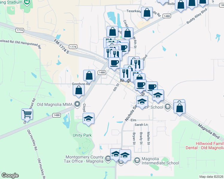 map of restaurants, bars, coffee shops, grocery stores, and more near 222 6th St in Magnolia