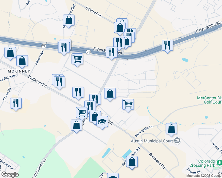 map of restaurants, bars, coffee shops, grocery stores, and more near 3505 Montopolis Drive in Austin