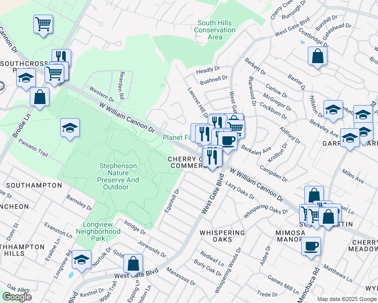 map of restaurants, bars, coffee shops, grocery stores, and more near in Austin