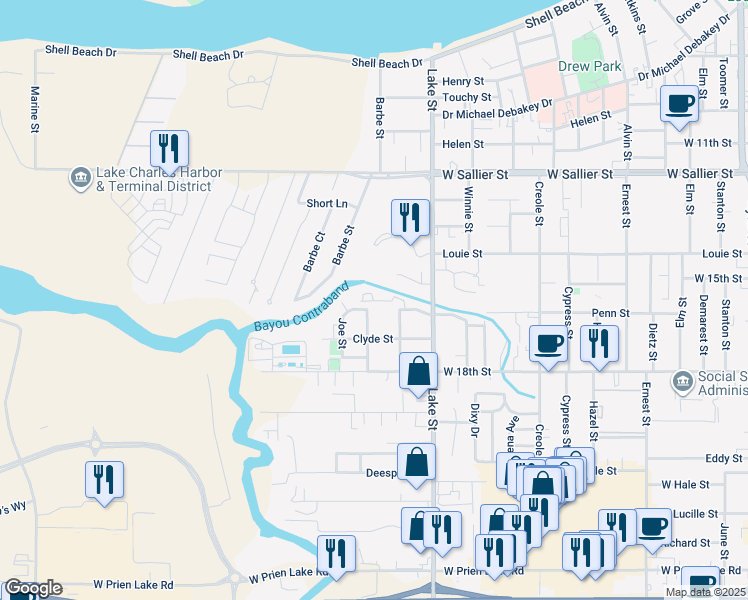 map of restaurants, bars, coffee shops, grocery stores, and more near 998 Priscilla Place in Lake Charles
