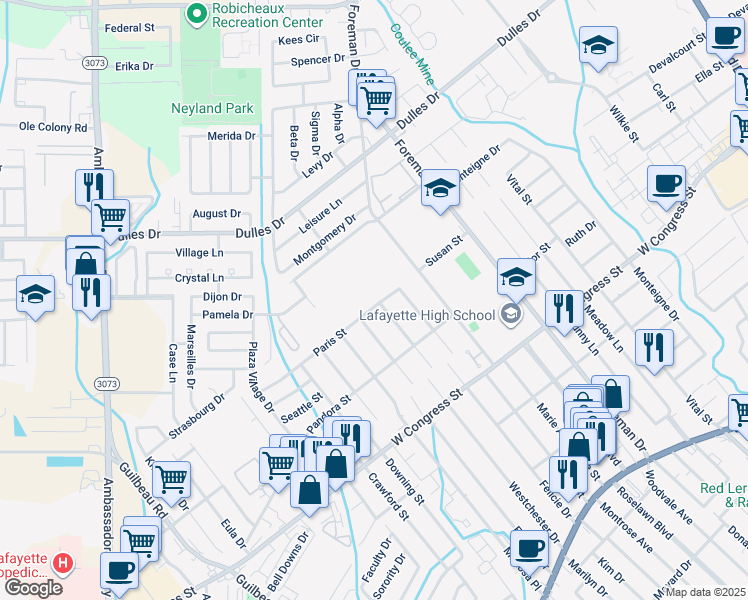 map of restaurants, bars, coffee shops, grocery stores, and more near 200 Paris Street in Lafayette