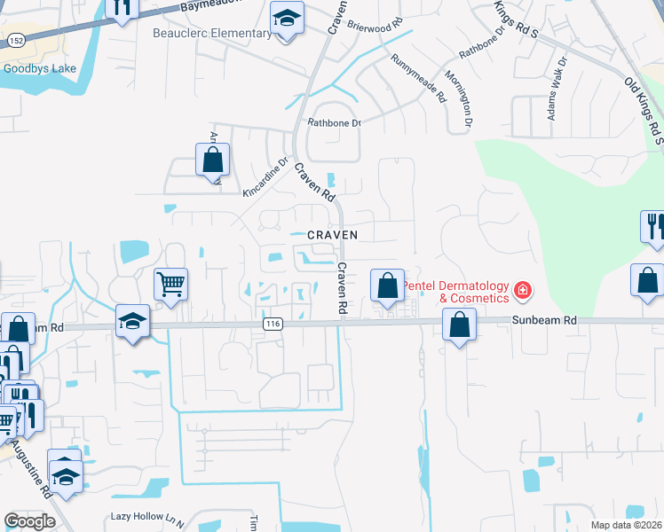 map of restaurants, bars, coffee shops, grocery stores, and more near 9360-3 Craven Ap in Jacksonville