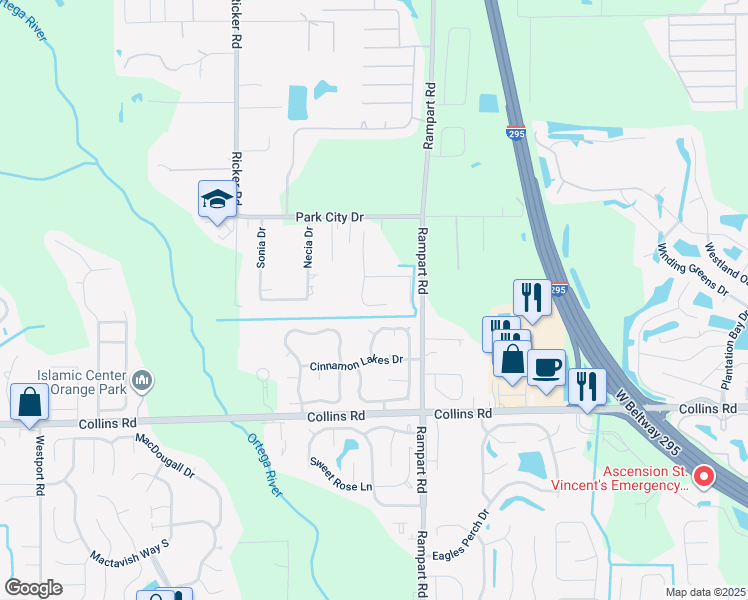 map of restaurants, bars, coffee shops, grocery stores, and more near 7385 Ginger Tea Trail South in Jacksonville