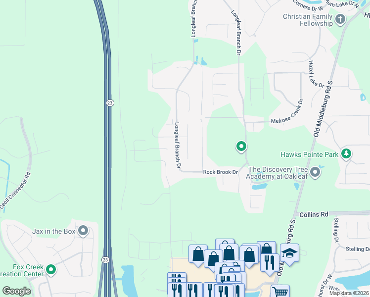 map of restaurants, bars, coffee shops, grocery stores, and more near 6366 Longleaf Branch Drive in Jacksonville